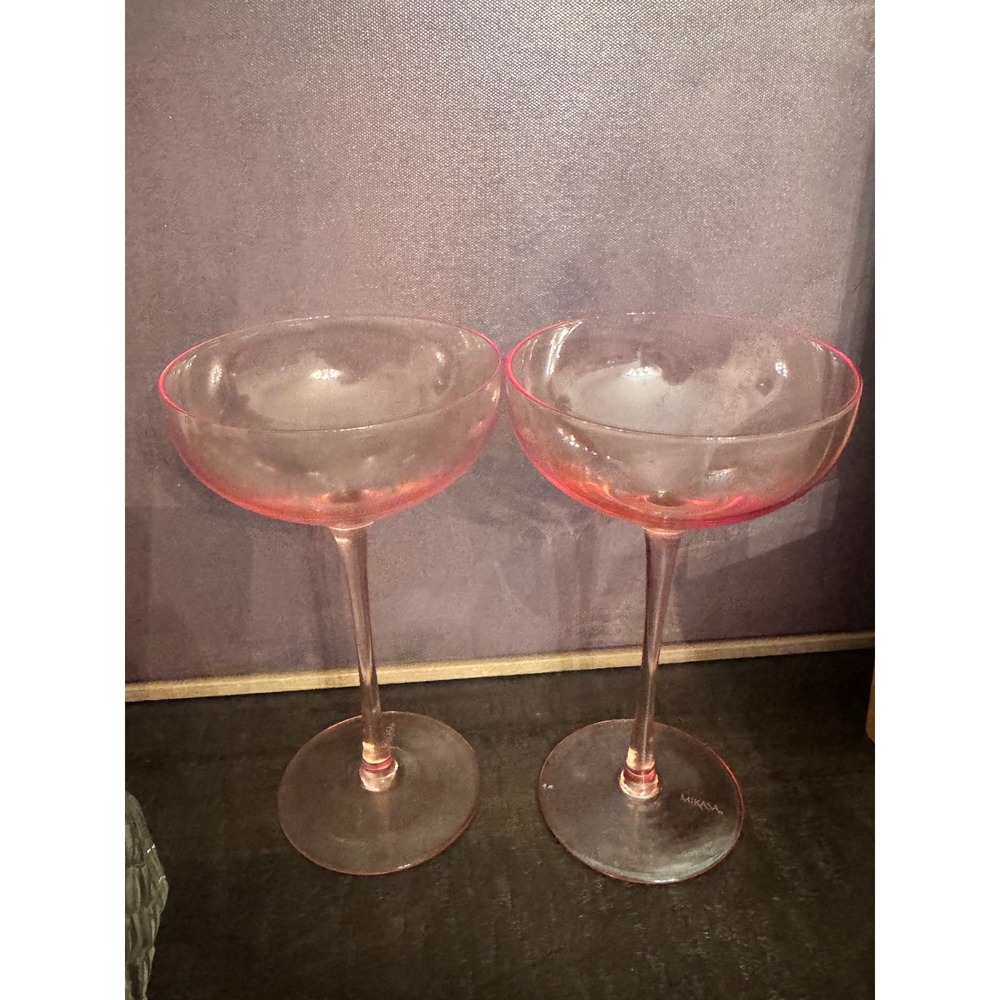 Mikasa Pink Glass Champagne Coupe Set of 2 Long Stem Cocktail Glasses Vintage